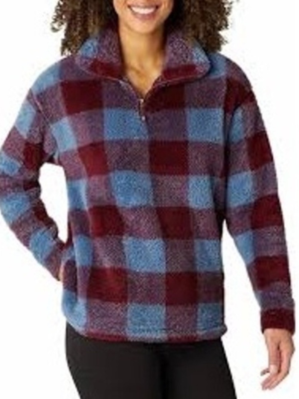 Eddie Bauer Quarter Zip Long Sleeve Plush Checkered Pullover. Size Large.